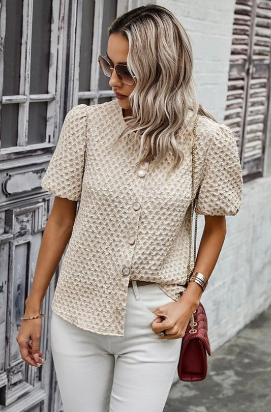 Solid Textured Pearl Button Puff Sleeve Top